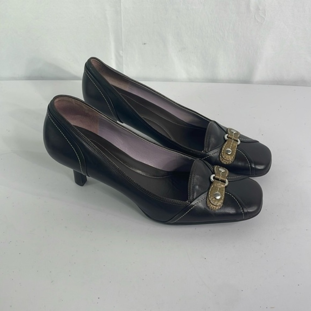 Cole Haan Black Leather Mid Heel Pumps with Gold Buckle